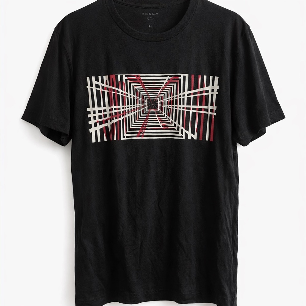 Tesla Black Short-Sleeve Tee with Cream and Red Optical Stripe Graphic